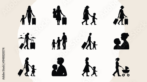 Minimalist family travel icons set black silhouettes on light background various poses and luggage