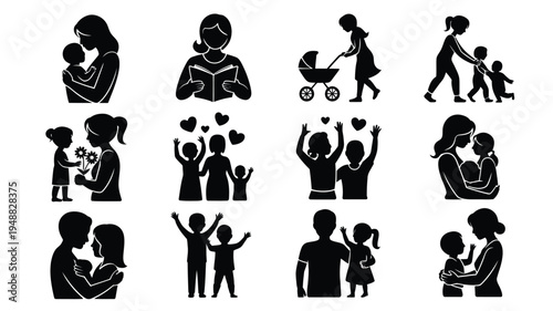 Vector illustration of black silhouettes depicting family love and relationships with parents and children