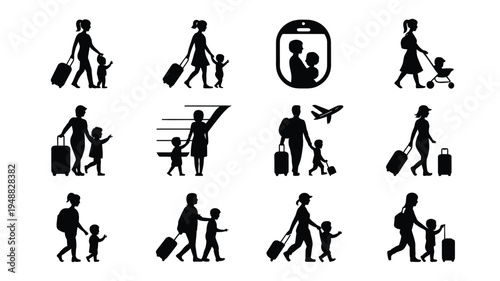 Black silhouettes of people traveling with luggage and children on white background vector icons for travel and tourism concepts