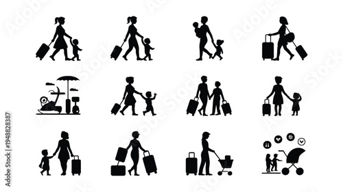 Vector icons of people traveling with luggage and children in various poses and situations on white background