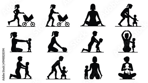 Black silhouettes of mothers and children in various playful and caring poses vector icons