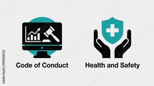 Vector graphic illustration of code of conduct and health and safety policies with icons representing legal compliance and medical protection