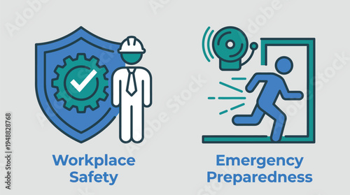 Vector graphic illustration of workplace safety and emergency preparedness concepts with shield, gear, worker, and alarm icons for secure work environments and crisis management
