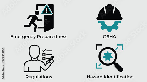 Vector graphic illustration of workplace safety and emergency preparedness concepts including OSHA regulations and hazard identification