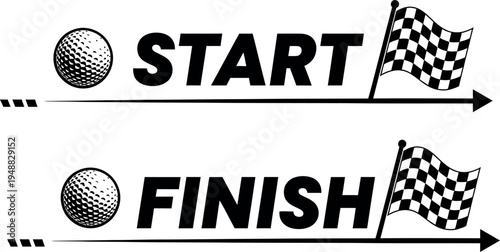 Golf Start and Finish Line Vector Set with Golf Ball and Checkered Flag Icons for Tournament