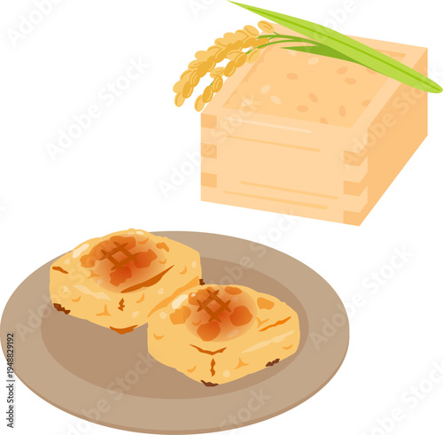 焼いた玄米餅と升に入った玄米