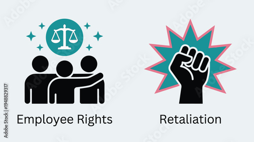 Employee rights and retaliation vector graphic illustration with supportive people and a protesting fist