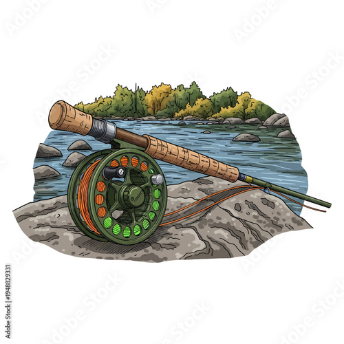 Fly fishing rod and reel on a rocky river bank with forest background in hand drawn vintage style