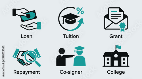 Vector graphic illustration of various college financial aid concepts including loan, tuition, grant, repayment, co-signer, and college, depicted through simple modern icons and text labels.