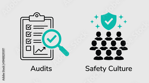 Vector graphic illustration of audits and safety culture concepts with checkmarks and silhouettes