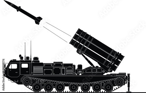 "Silhouette of military tracked vehicle with multiple rocket launcher system showing active missile launch trajectory, caterpillar tracks, and advanced mobile artillery design for 