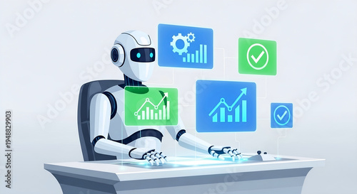Agentic AI robot analyzing data charts and business metrics illustration for financial automation website header