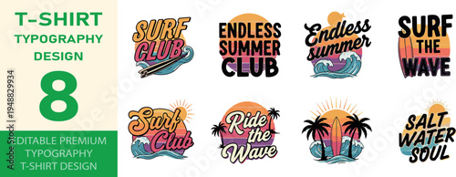 Surf club and wave t-shirt typography designs with retro sunset