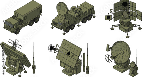 "3D illustrations of military radar and communication systems mounted on trucks and stationary bases with dish antennas, panels, and advanced defense surveillance technology equipment"