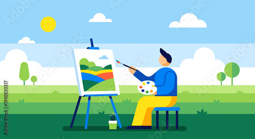 Artist from a creative agency paints landscape on canvas outdoors