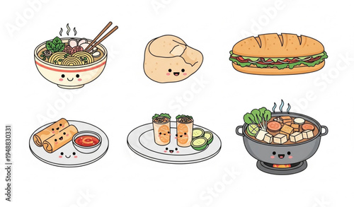 Kawaii Vietnamese cuisine cartoon characters vector with pho noodle soup banh mi sandwich spring rolls hotpot isolated on white