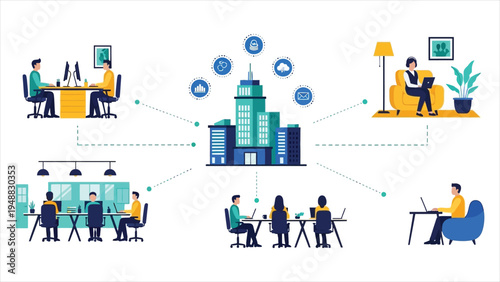 Hybrid work illustration showing remote and in-office employees connected to a central business hub for modern distributed teams