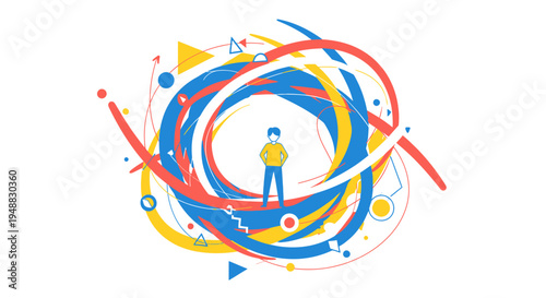 A creative agency team brainstorms around a vibrant abstract illustration of a person surrounded by swirling lines and shapes in a meeting room.