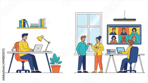 Hybrid Work Environment Illustration Remote Office Collaboration and Video Conference Teamwork