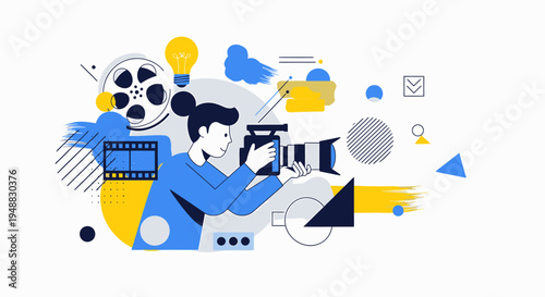 A creative professional working at a creative agency with a camera and film equipment.