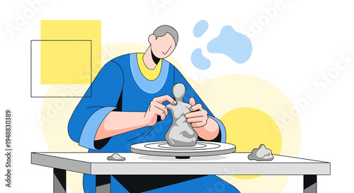 A creative agency artist shapes clay on a potter's wheel indoors.