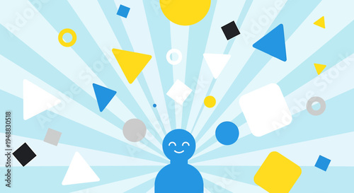 A creative agency team brainstorms ideas with colorful shapes and smiling faces.