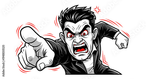 Angry Man Pointing Finger, Aggressive Expression, Cartoon Style