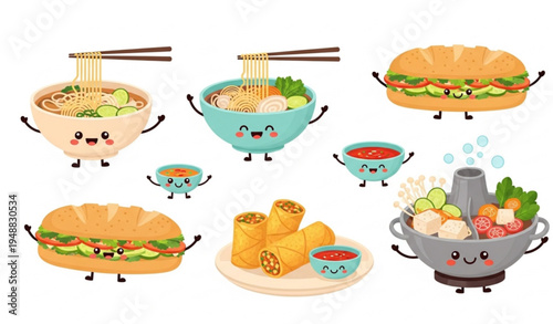 Kawaii Vietnamese food icon vector set with pho banh mi spring rolls hotpot cute Asian cuisine characters isolated on white