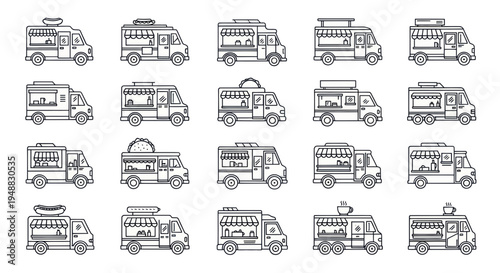 Diverse Food Truck Icons Set: Variety of Mobile Kitchens and Street Food Carts
