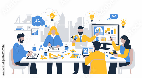 A creative agency team brainstorms ideas around a table with laptops and papers