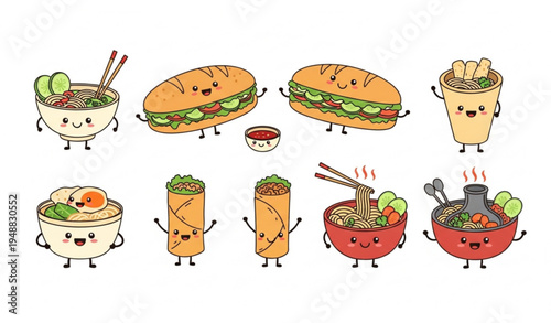 Kawaii Vietnamese cuisine cartoon characters vector with pho noodle soup banh mi sandwich spring rolls hotpot isolated on white