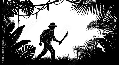 Explorer with Machete in Dense Jungle Silhouette