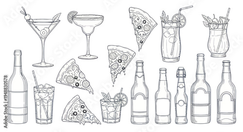 Hand-drawn Cocktail Drinks, Pizza Slices, and Alcoholic Bottles Sketch