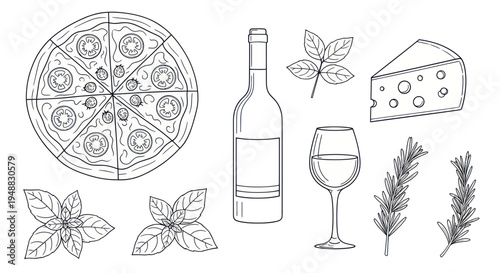 Hand-drawn Italian Food Elements: Pizza, Wine, Cheese, and Herbs