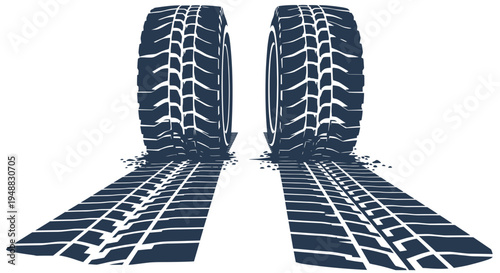Two Tires Leaving Tire Tracks and Shadows on White Background