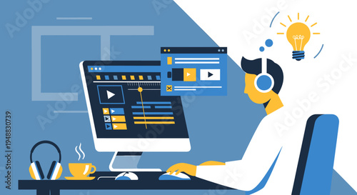 A creative agency professional working on a computer with video editing software