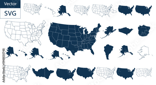 USA Map Vector Set: Continental, Alaska, Hawaii Outline and Solid Shapes