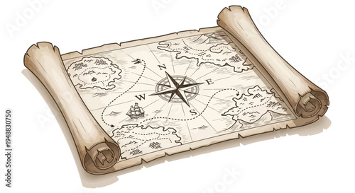 Vintage Treasure Map with Compass Rose and Sailing Ship