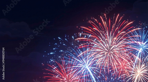Vibrant red white and blue fireworks light up the dark night sky during a grand celebration with spectacular explosions