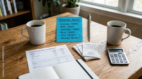 Budgeting planning with a spending zones list on a desk with coffee and notebook