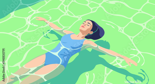 Woman Floating Relaxed in Bright Blue Swimsuit on Green Water