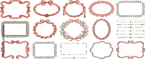 Christmas decoration border with fir tree branches, bow, ribbon in vintage whimsical doodle style for poster, placards, invitations. Christmas or New Year design holiday frame vector illustration set.