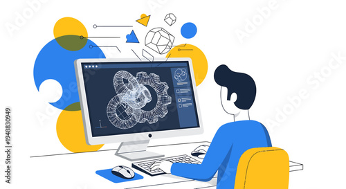 A creative agency professional works on a computer with complex designs and graphics.