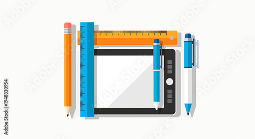 A creative agency team uses a digital tablet with colorful stationery