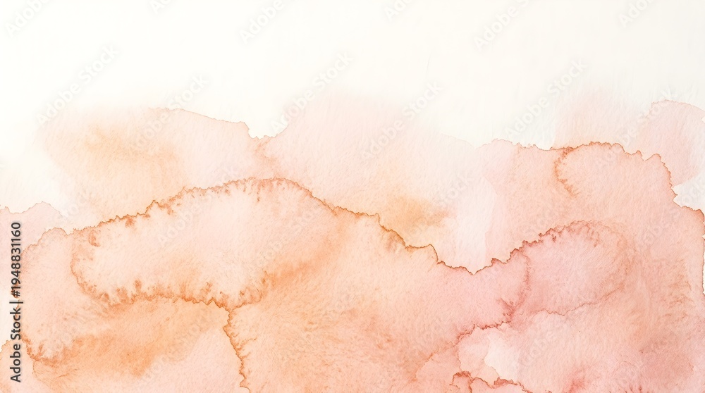 Fototapeta premium Soft coral and peach watercolor wash with organic, flowing shapes and textured edges, creating a warm, abstract background