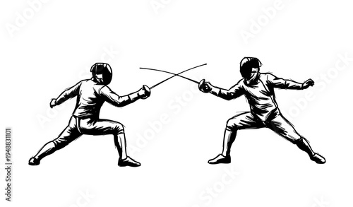 Fencing competition brush sketch sport action vector illustration