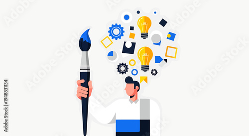 A creative agency artist brainstorms ideas with a paintbrush and colorful symbols floating above.
