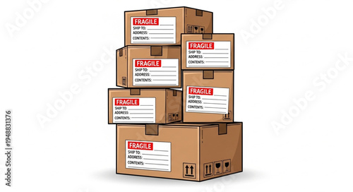 Stack of Cardboard Boxes with Fragile Labels.