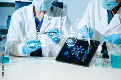 Scientist conducting medical research in modern laboratory using digital healthcare interface, biotechnology analysis, pharmaceutical testing