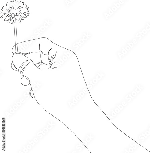Continuous One Line Drawing of Hand Holding Dandelion Flower eps10